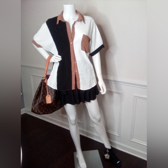 Tops - Colorblock Women's Shirt - Black, White, and Brown